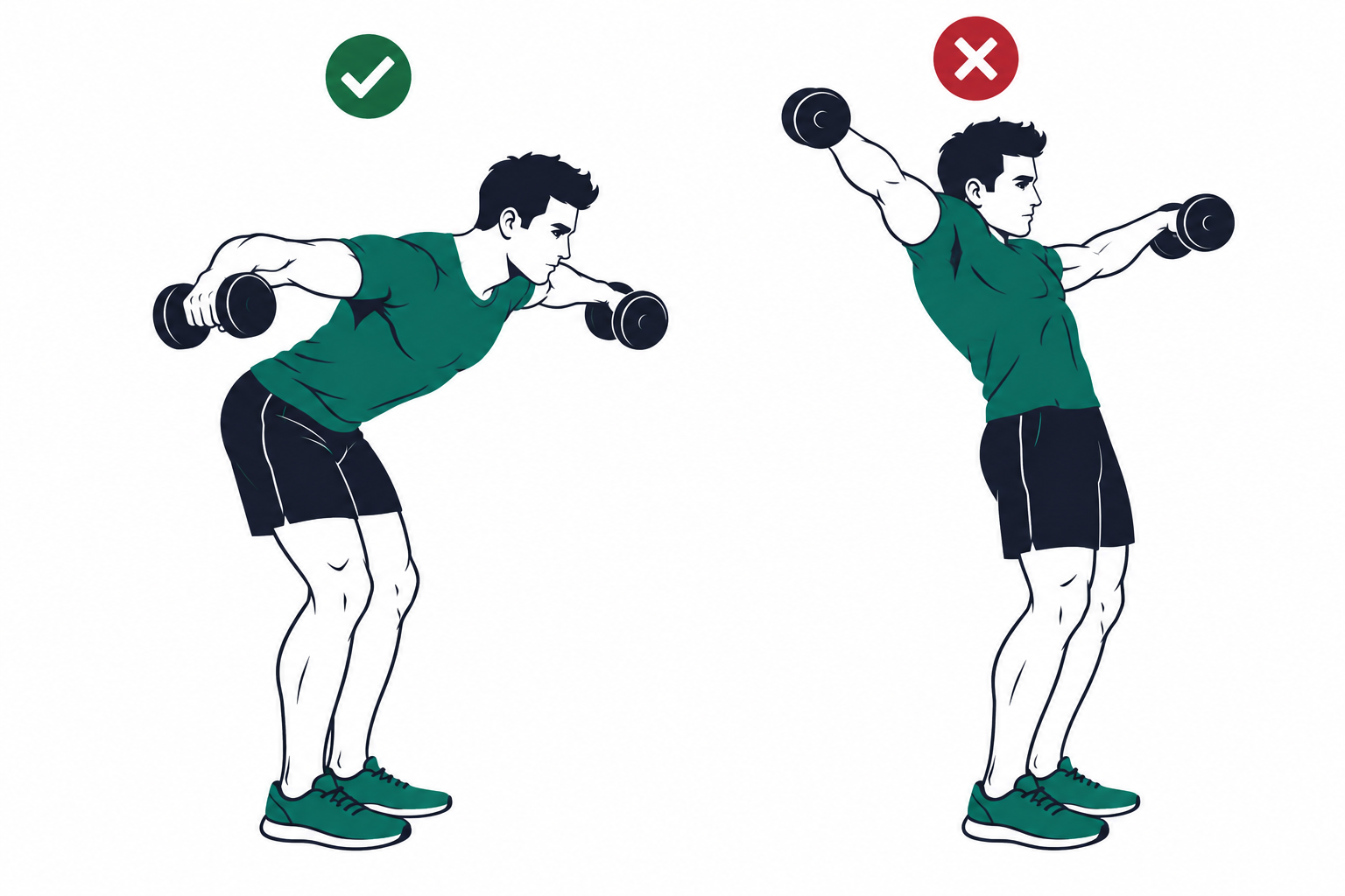 Comparaison d'un oiseau en musculation bien exécuté et mal exécuté : technique correcte avec torso incliné à gauche, erreur classique avec torso trop vertical à droite