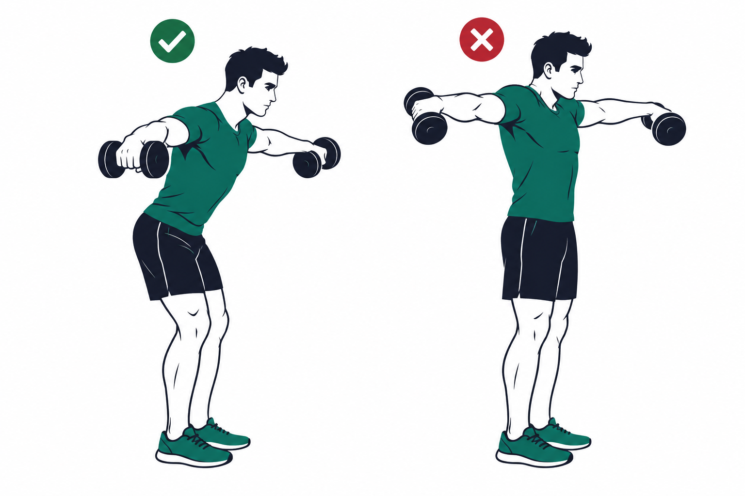Side-by-side illustration comparing correct and incorrect dumbbell lateral raise form
